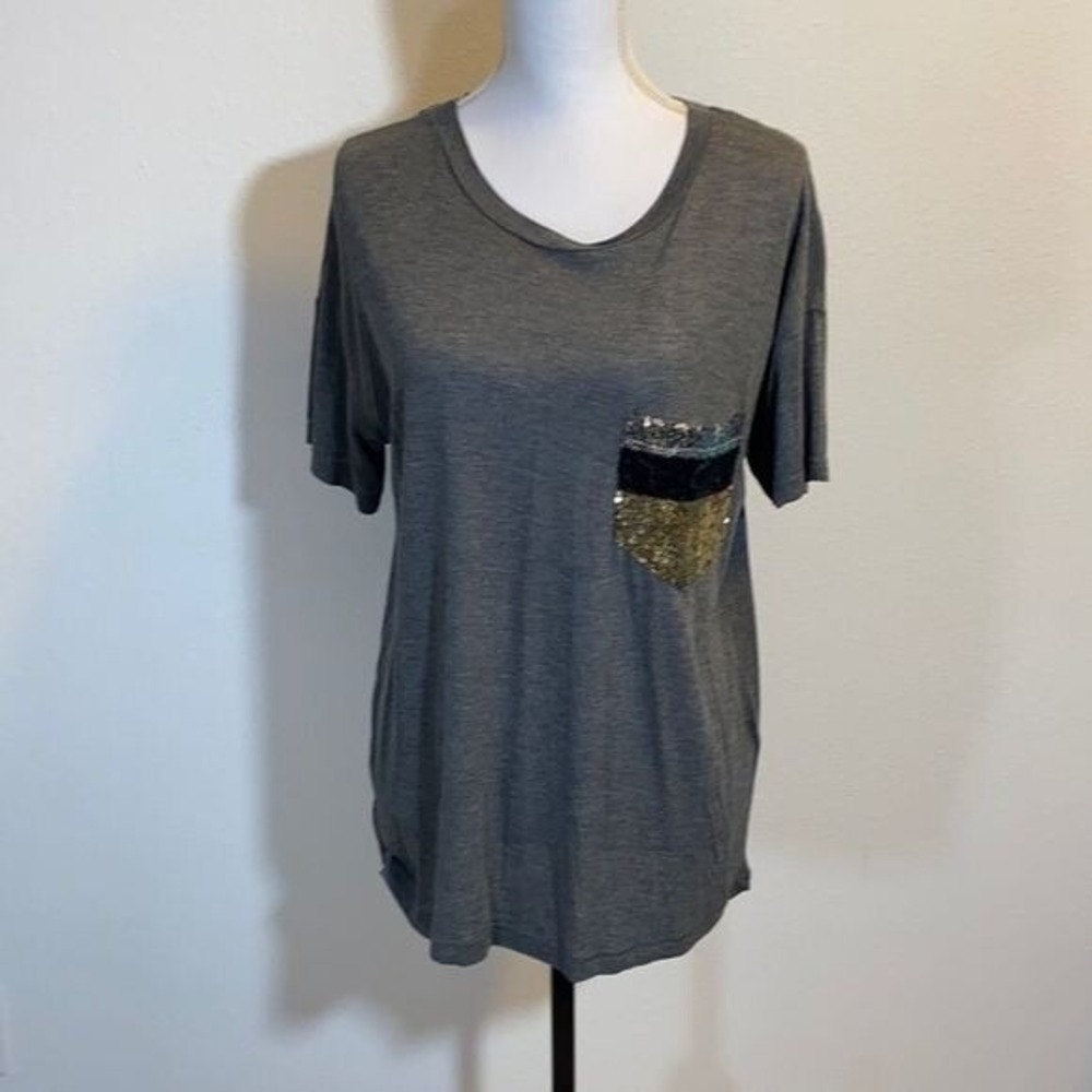 Zara Tee Shirt Womens Small‎ Gray Sequin Pocket Bling Casual Stretch Viscose